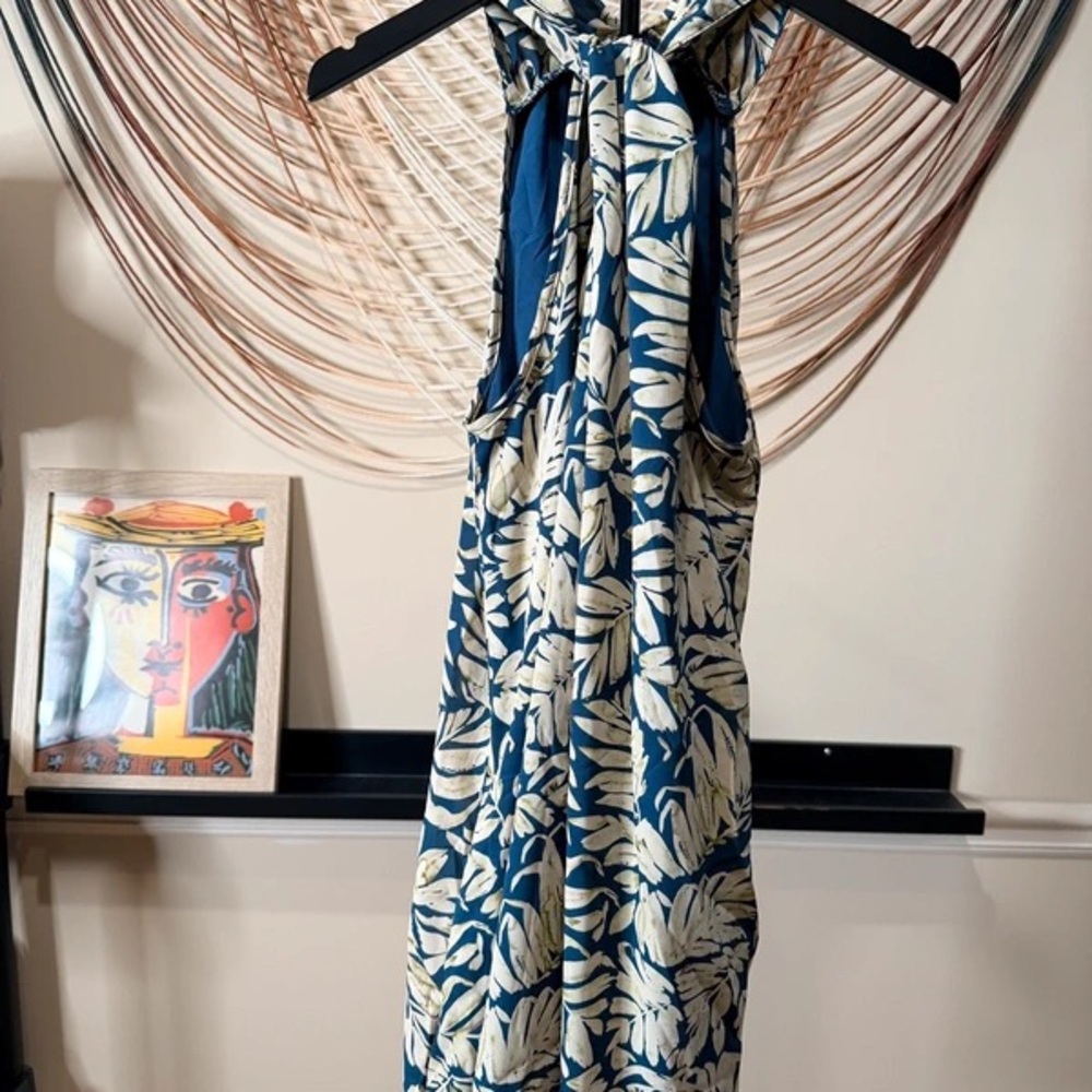 Teal Halter Maxi Dress with Cream Leaf Print